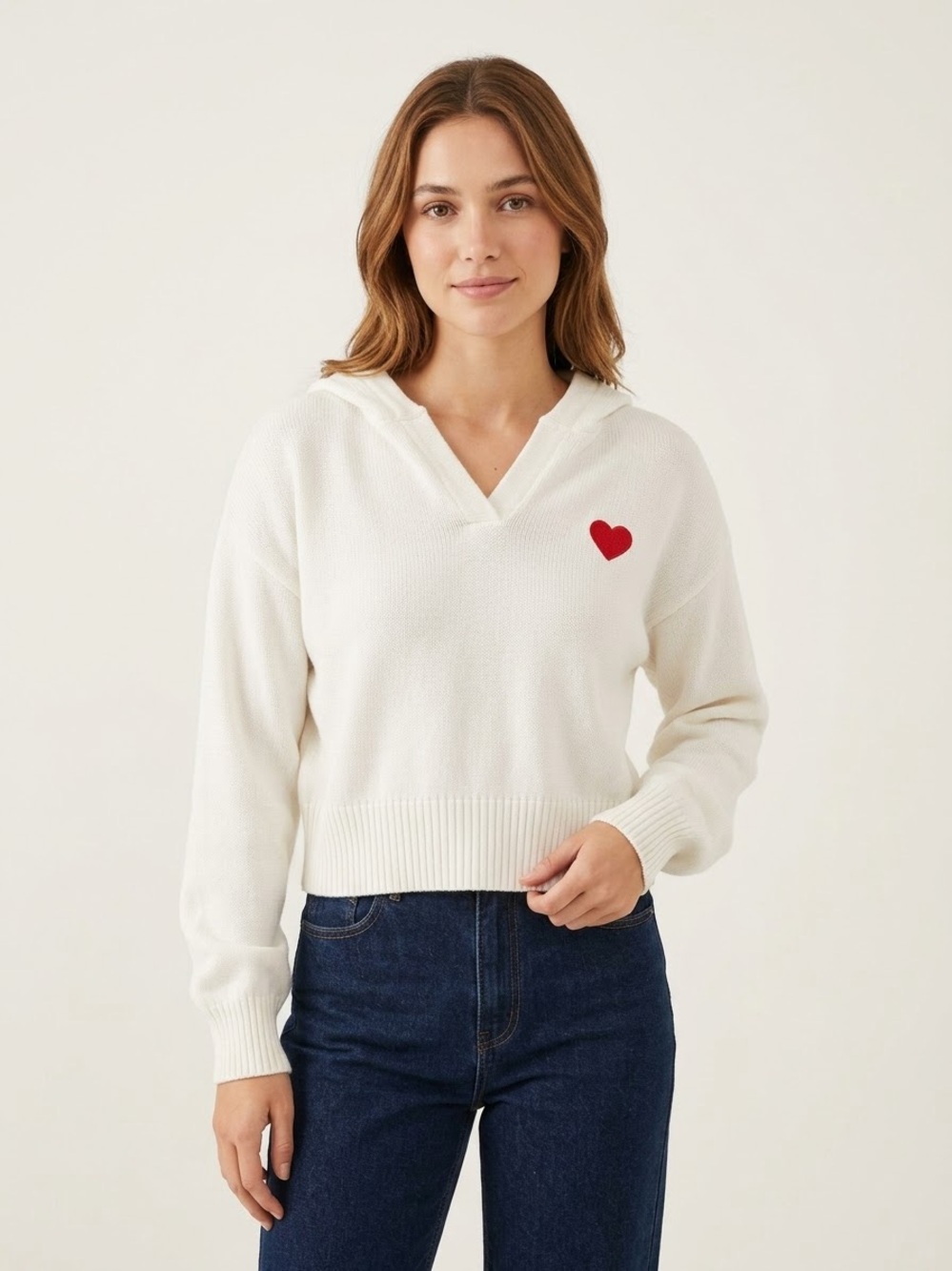 Charming Heart Patch Pullover Knit Hoodie Casual Long Sleeve Slouchy Sweater